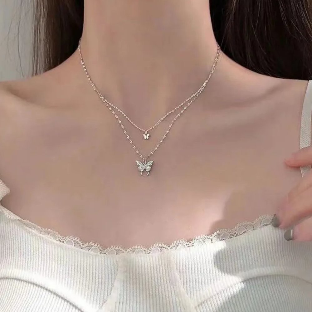 Gold & CZ Diamonds Double Layer Butterfly Necklace NEW - Picture 2 of 4